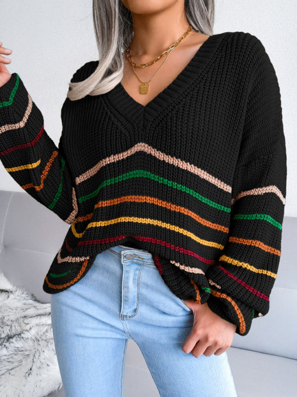Women's Rainbow Stripe casual loose sweater Black