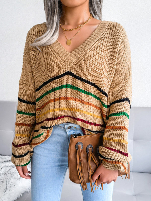 Women's Rainbow Stripe casual loose sweater Khaki