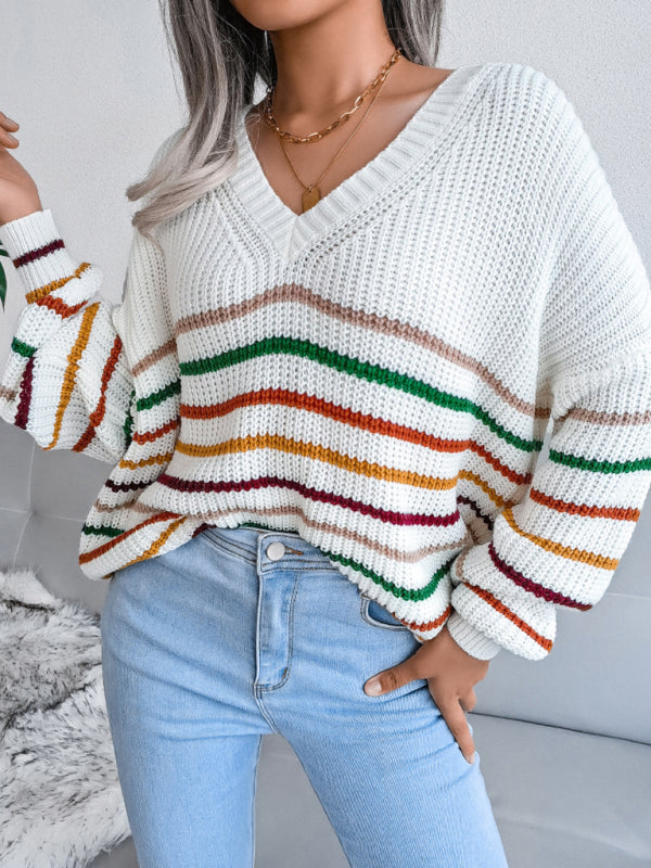Women's Rainbow Stripe casual loose sweater White