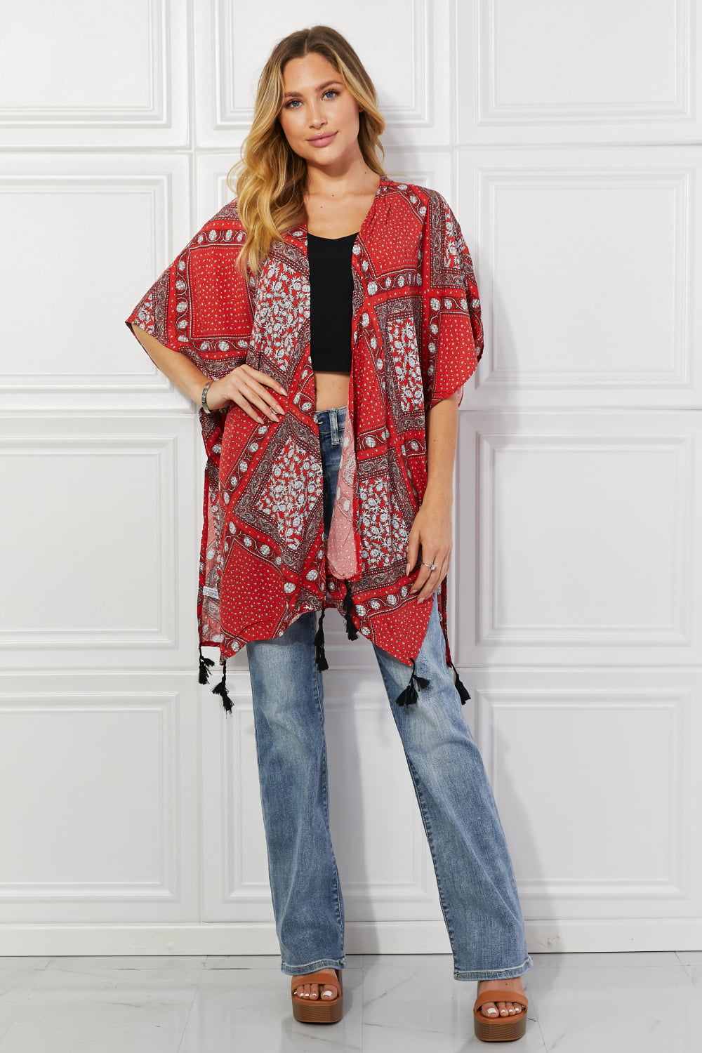 Women's Red Paisley Design Kimono Red One Size