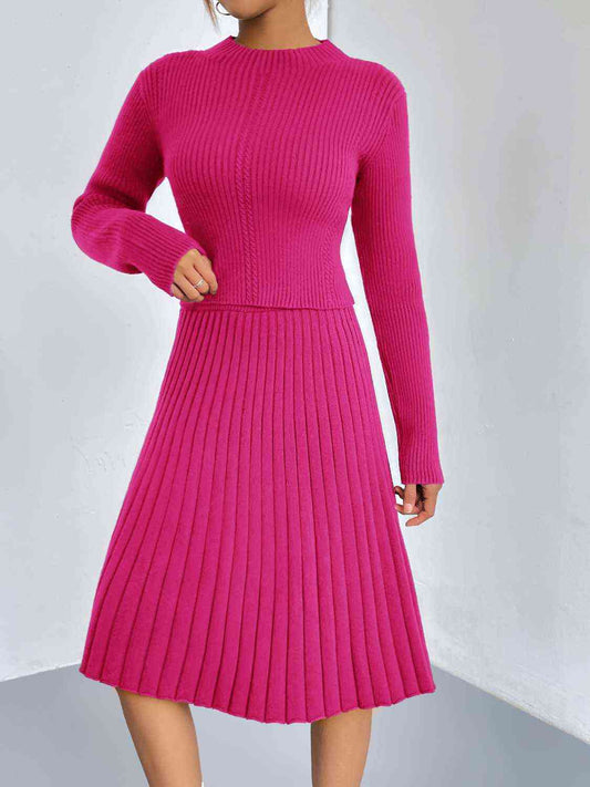 Women's Rib-Knit Sweater and Skirt Set Hot Pink