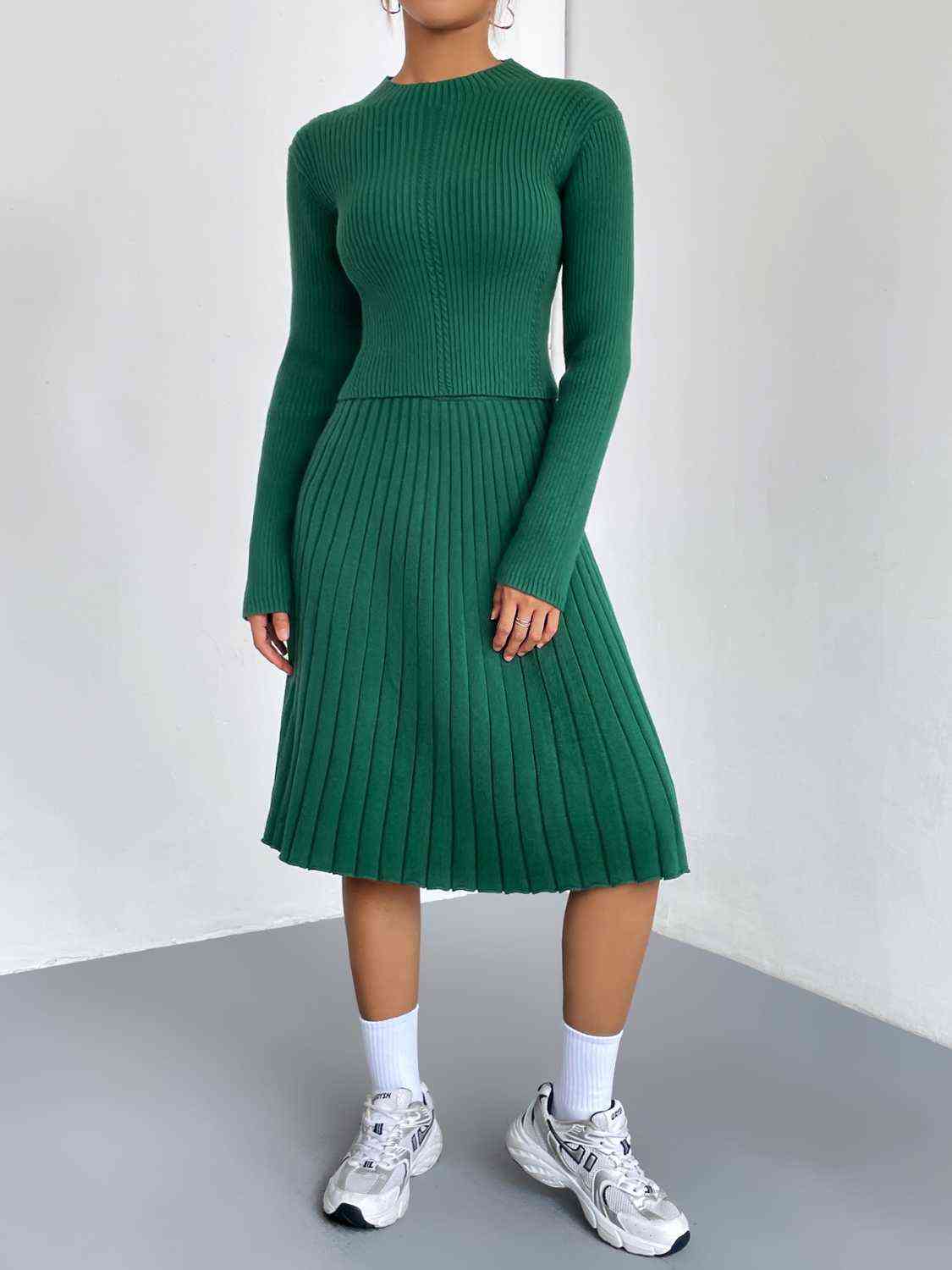 Women's Rib-Knit Sweater and Skirt Set Green