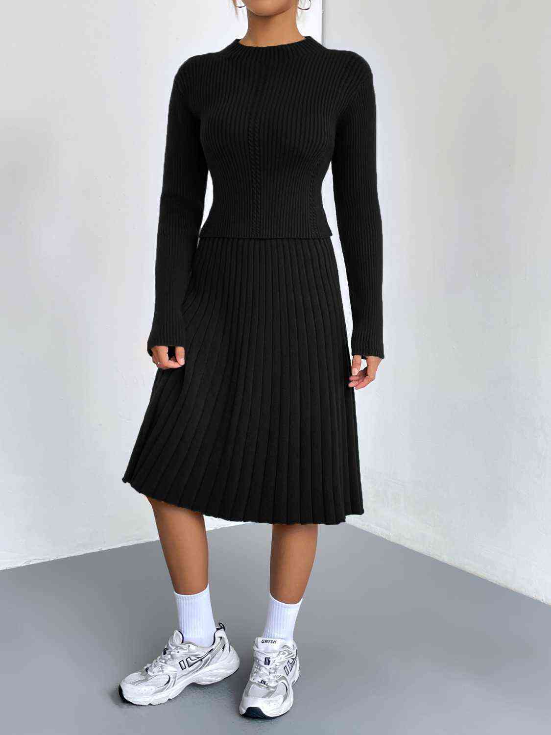 Women's Rib-Knit Sweater and Skirt Set Black