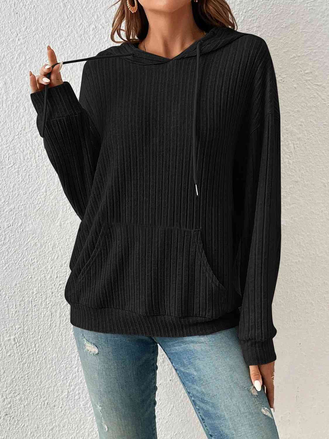 Women's Ribbed Dropped Shoulder Drawstring Hoodie Black