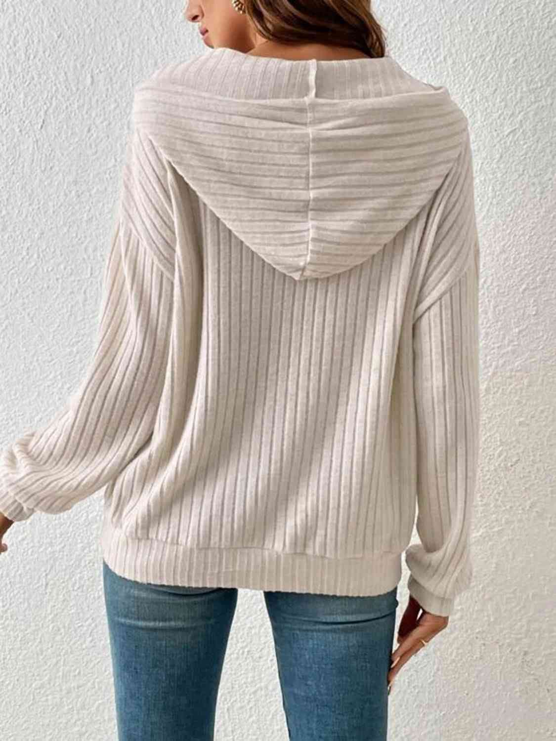 Women's Ribbed Dropped Shoulder Drawstring Hoodie