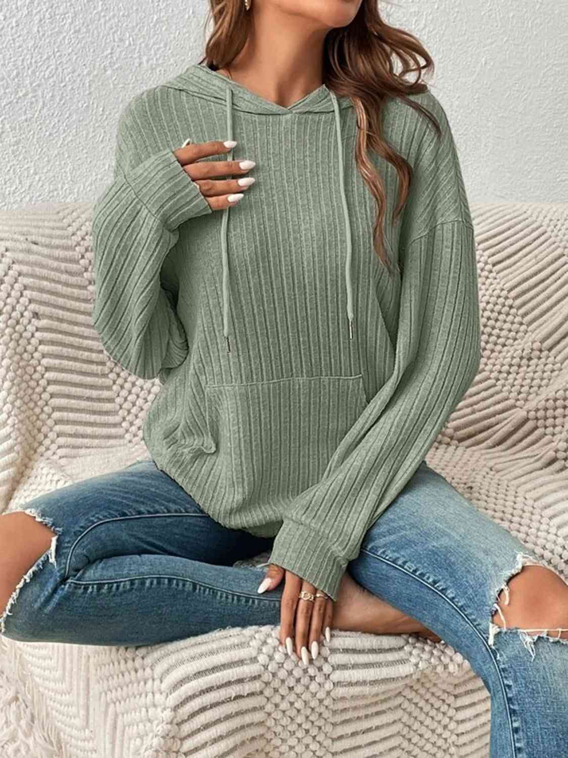 Women's Ribbed Dropped Shoulder Drawstring Hoodie