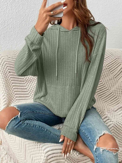 Women's Ribbed Dropped Shoulder Drawstring Hoodie