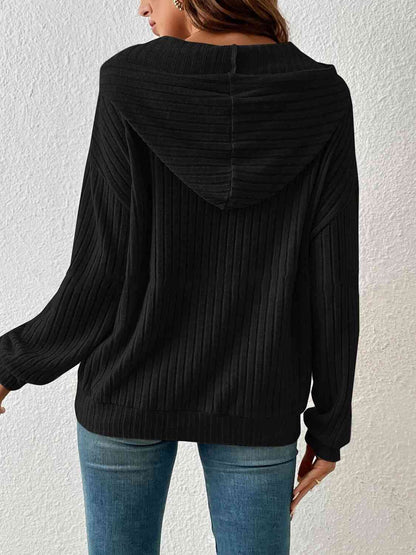 Women's Ribbed Dropped Shoulder Drawstring Hoodie