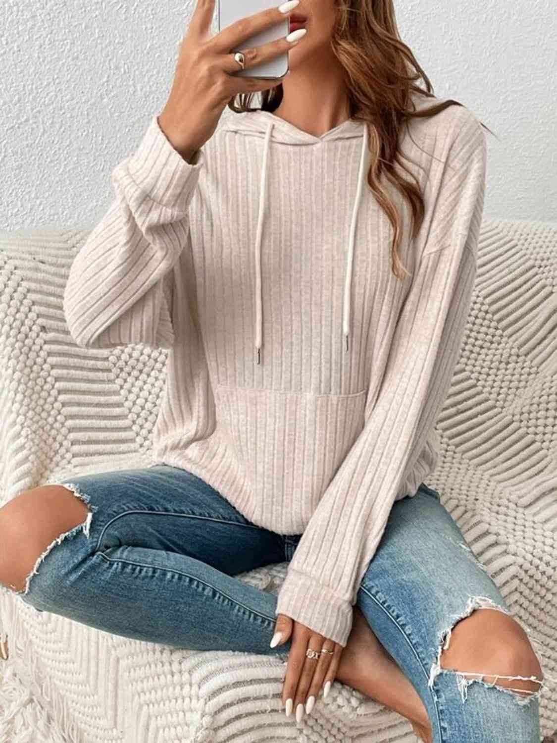 Women's Ribbed Dropped Shoulder Drawstring Hoodie