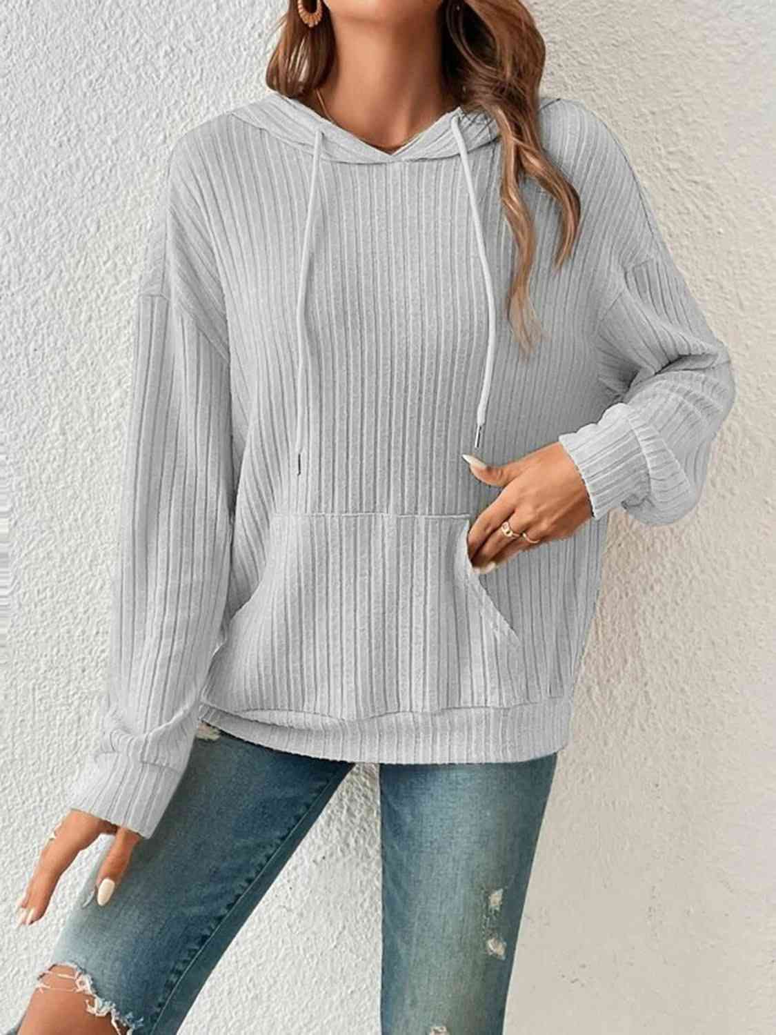 Women's Ribbed Dropped Shoulder Drawstring Hoodie Light Gray