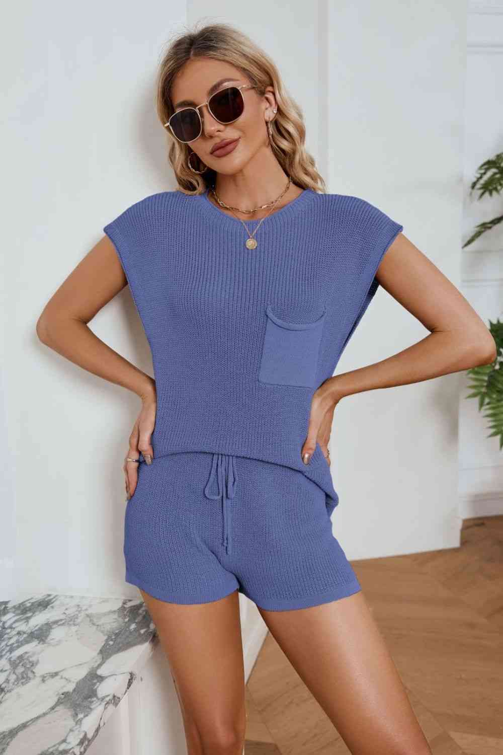 Women's Ribbed Round Neck Pocket Knit Top and Shorts Set Cobalt Blue
