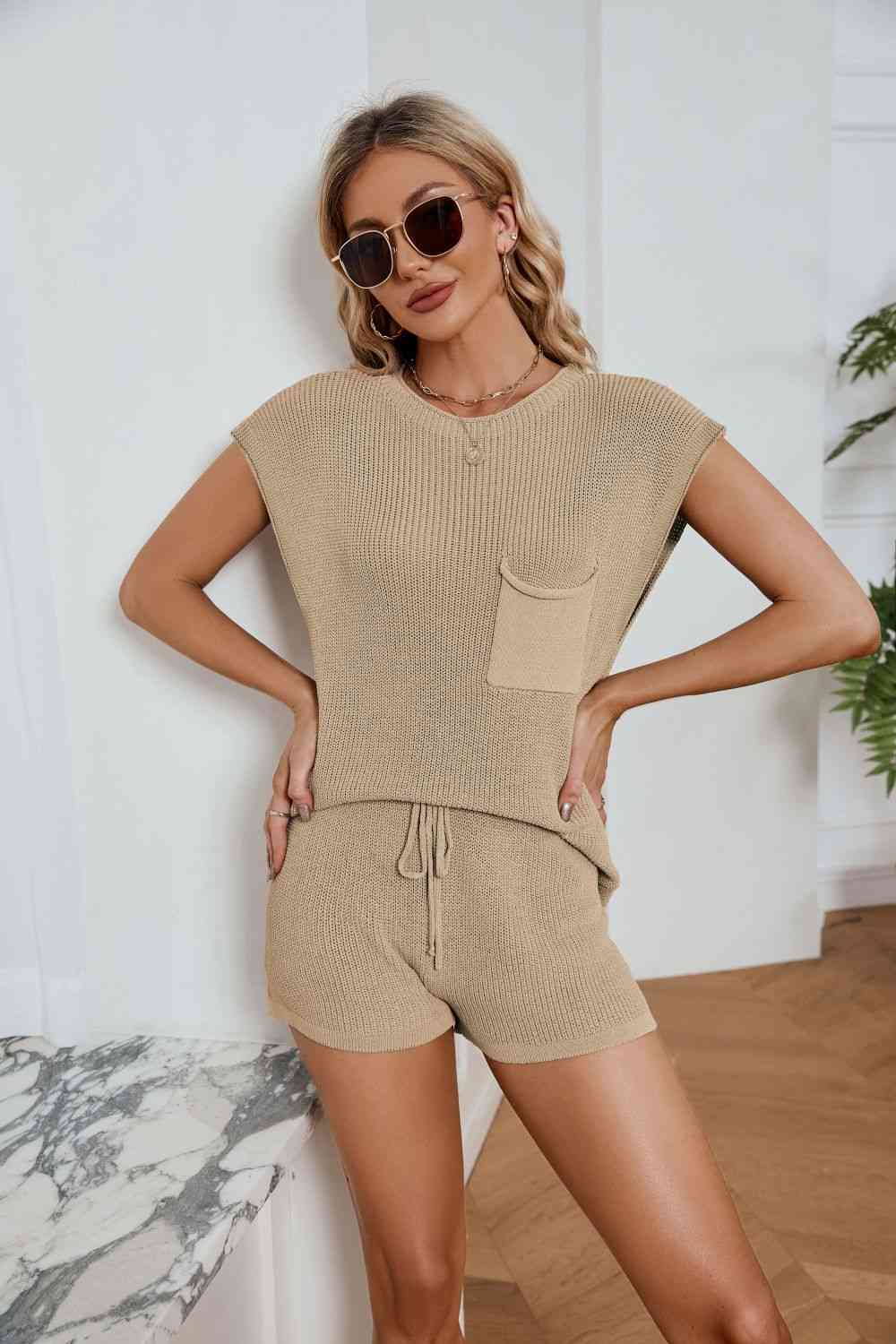 Women's Ribbed Round Neck Pocket Knit Top and Shorts Set