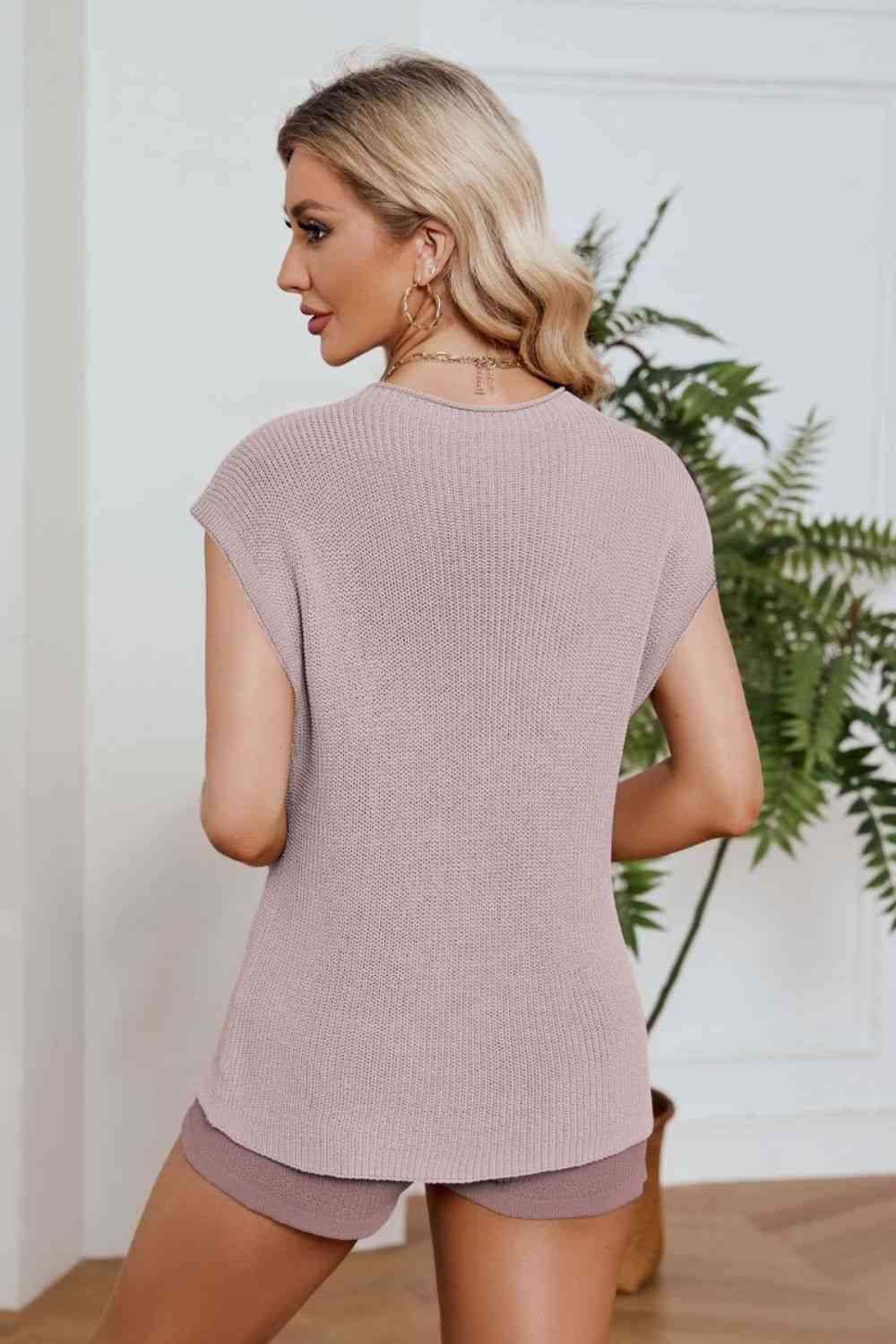 Women's Ribbed Round Neck Pocket Knit Top and Shorts Set