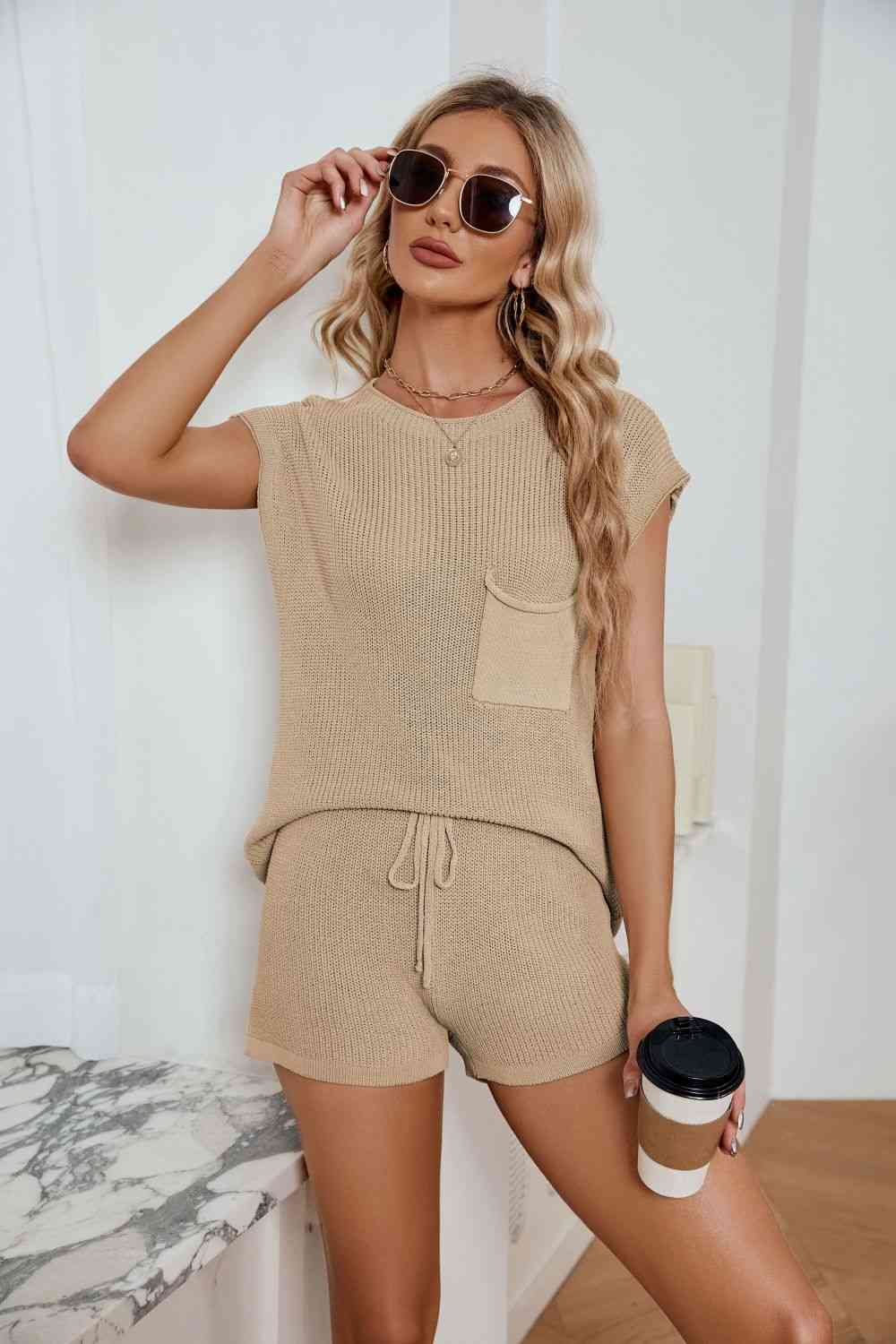 Women's Ribbed Round Neck Pocket Knit Top and Shorts Set Khaki