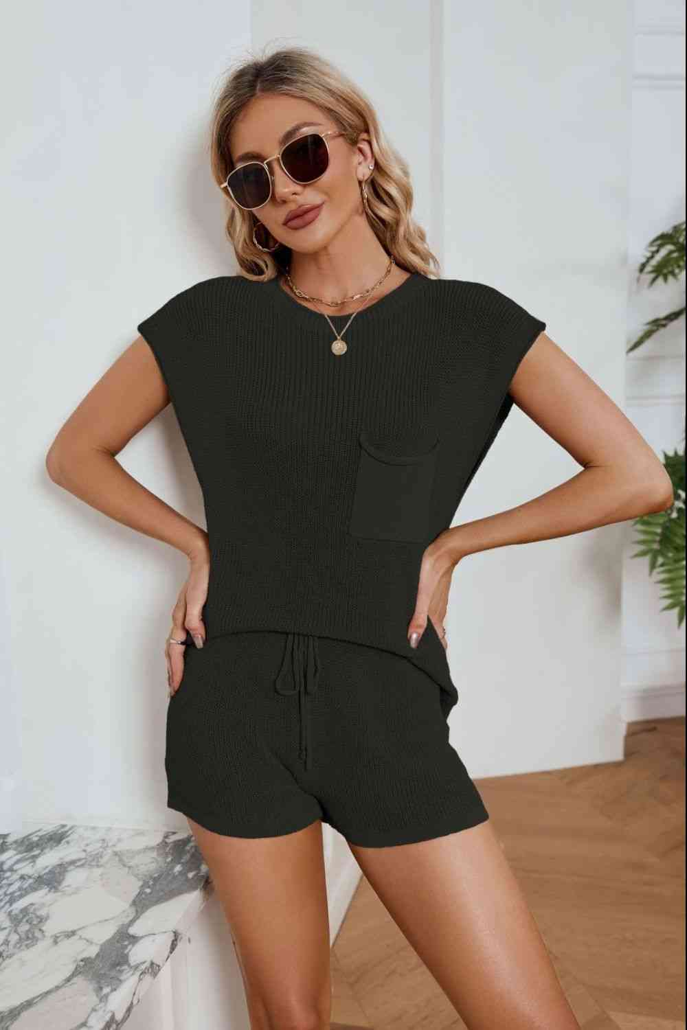 Women's Ribbed Round Neck Pocket Knit Top and Shorts Set Black