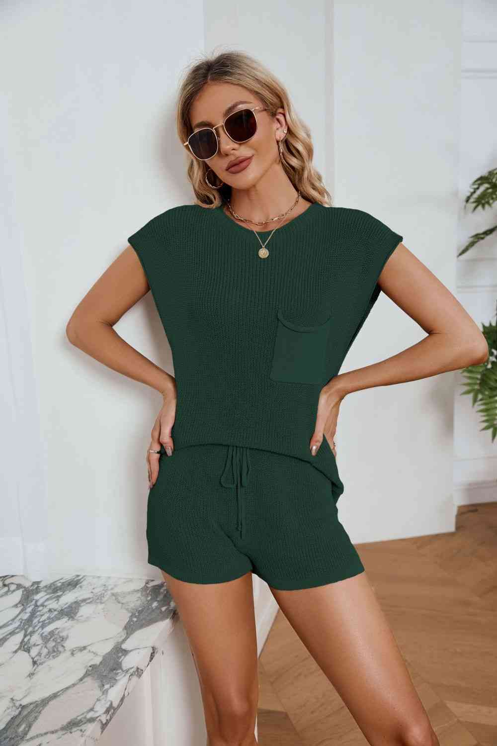 Women's Ribbed Round Neck Pocket Knit Top and Shorts Set Forest