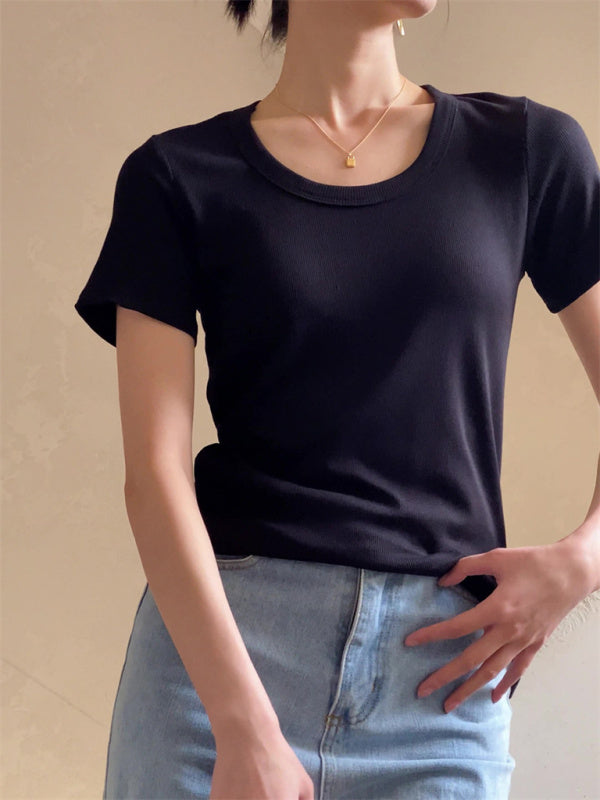 Women's Ribbed Short Sleeve T-Shirt Black F