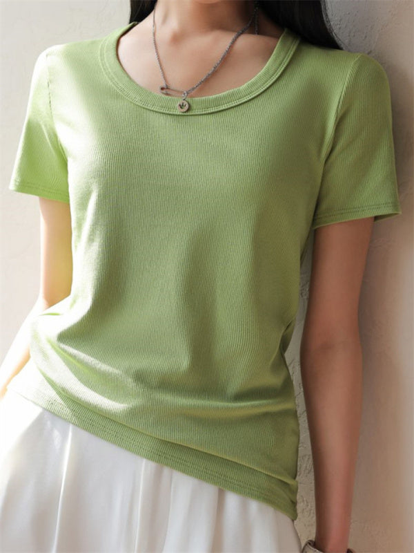 Women's Ribbed Short Sleeve T-Shirt Green F
