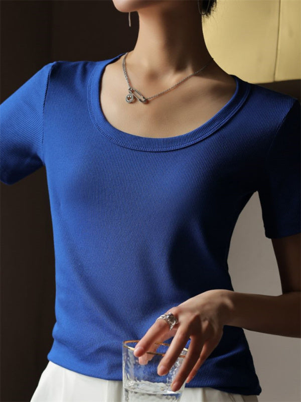 Women's Ribbed Short Sleeve T-Shirt Blue F