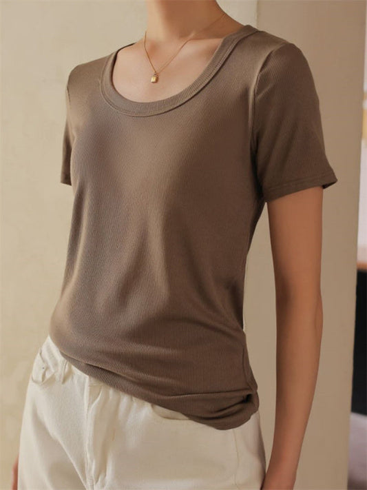 Women's Ribbed Short Sleeve T-Shirt Khaki F