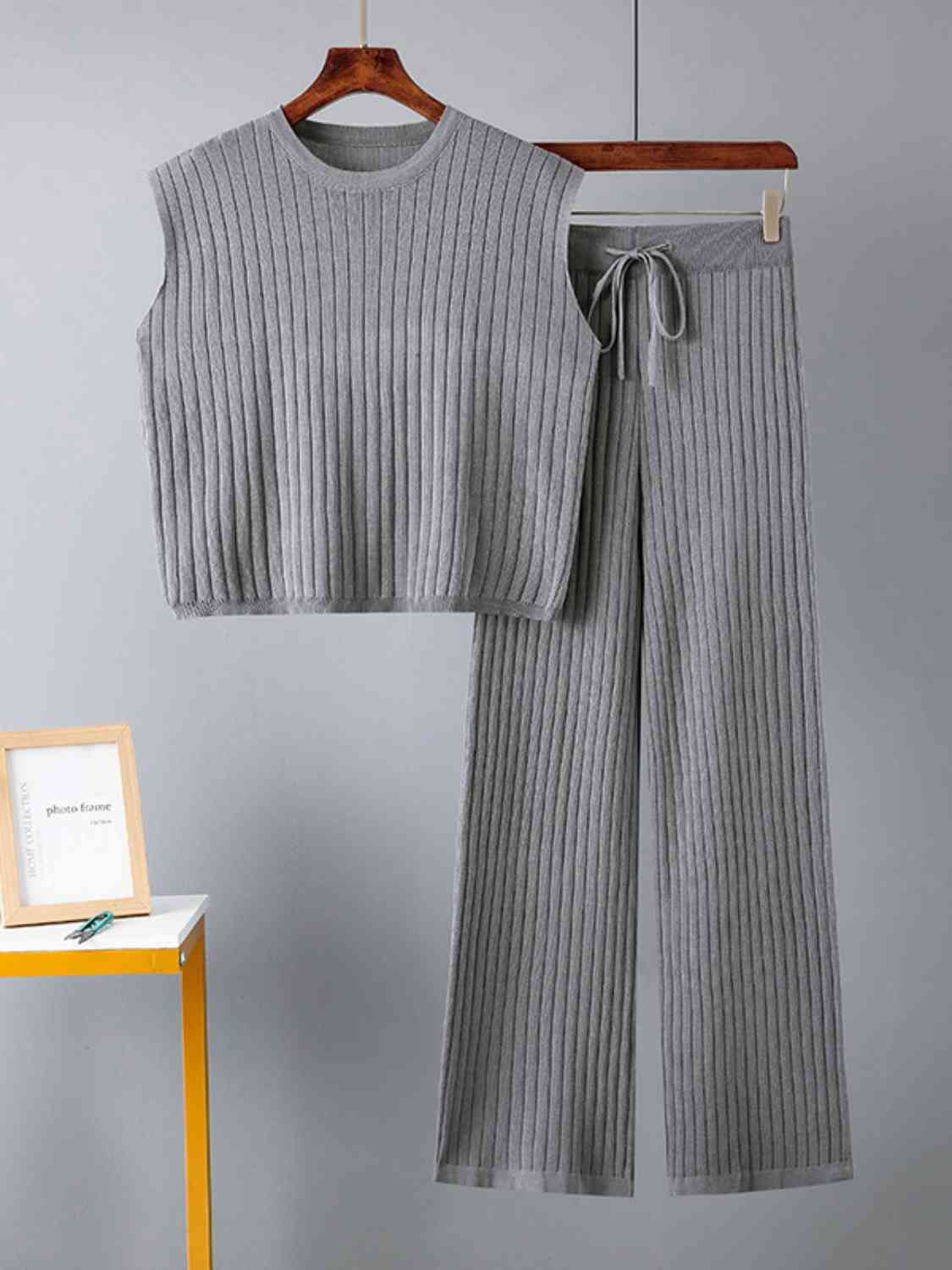 Women's Ribbed Sweater Vest and Drawstring Knit Pants Set