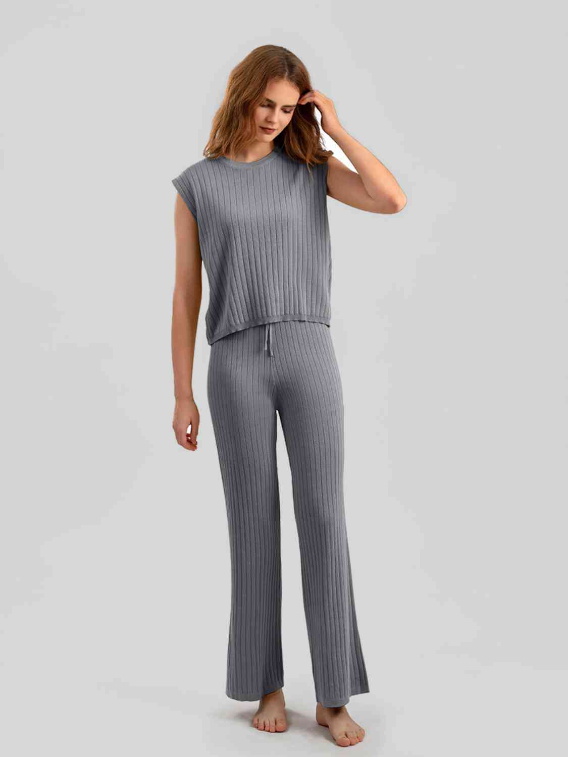 Women's Ribbed Sweater Vest and Drawstring Knit Pants Set Charcoal One Size