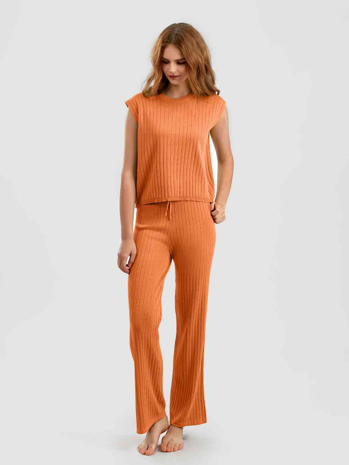 Women's Ribbed Sweater Vest and Drawstring Knit Pants Set Pumpkin One Size