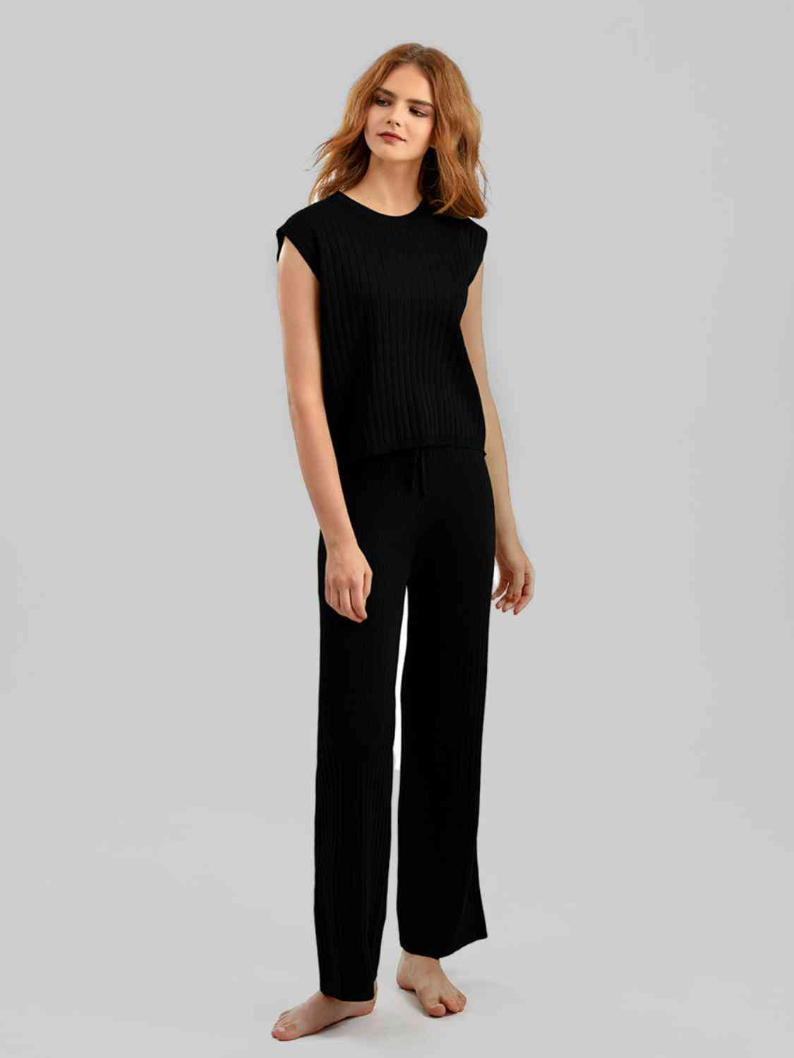 Women's Ribbed Sweater Vest and Drawstring Knit Pants Set Black One Size