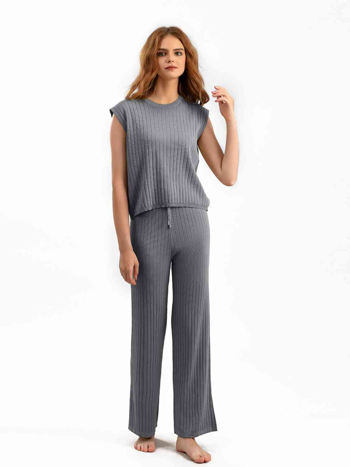 Women's Ribbed Sweater Vest and Drawstring Knit Pants Set