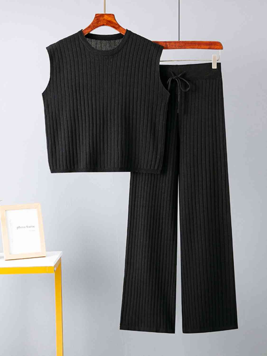 Women's Ribbed Sweater Vest and Drawstring Knit Pants Set