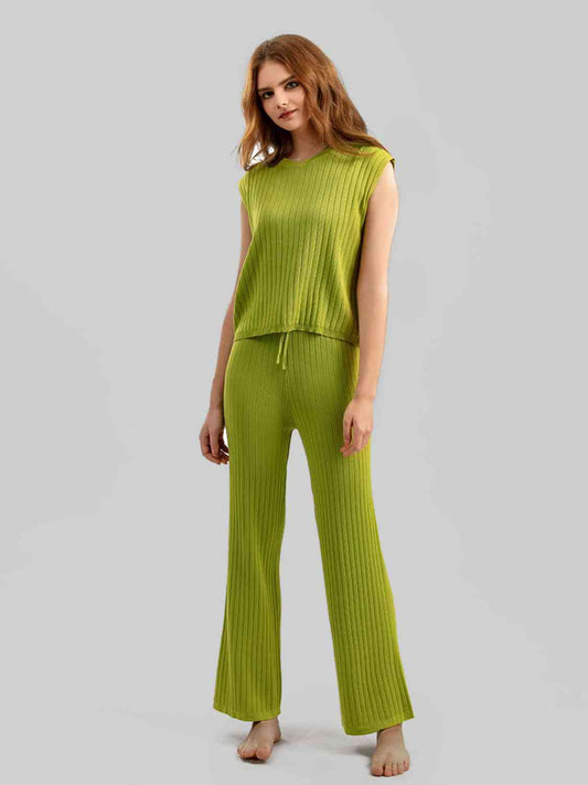 Women's Ribbed Sweater Vest and Drawstring Knit Pants Set Lime One Size