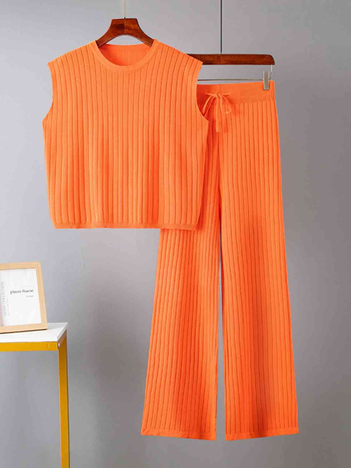 Women's Ribbed Sweater Vest and Drawstring Knit Pants Set