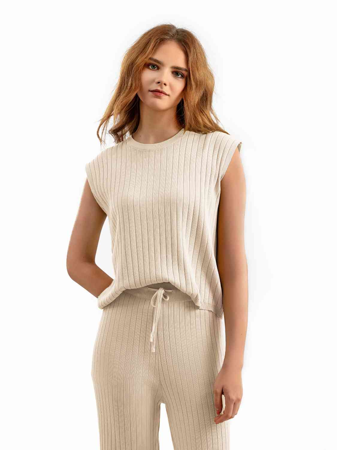 Women's Ribbed Sweater Vest and Drawstring Knit Pants Set