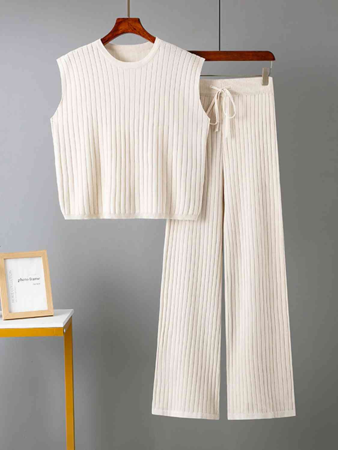 Women's Ribbed Sweater Vest and Drawstring Knit Pants Set