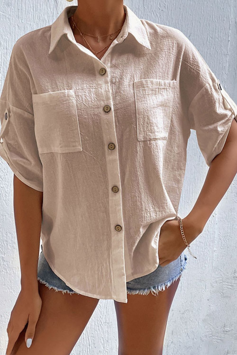 Women's Roll-Tab Sleeve Pocketed Shirt Beige