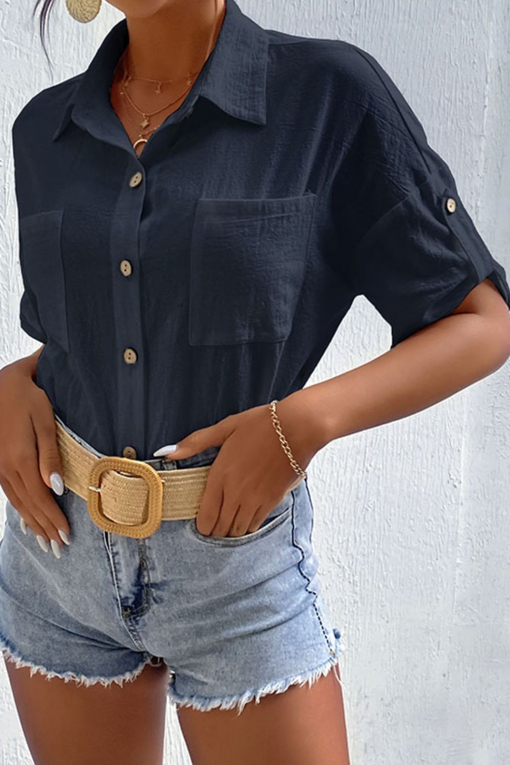 Women's Roll-Tab Sleeve Pocketed Shirt