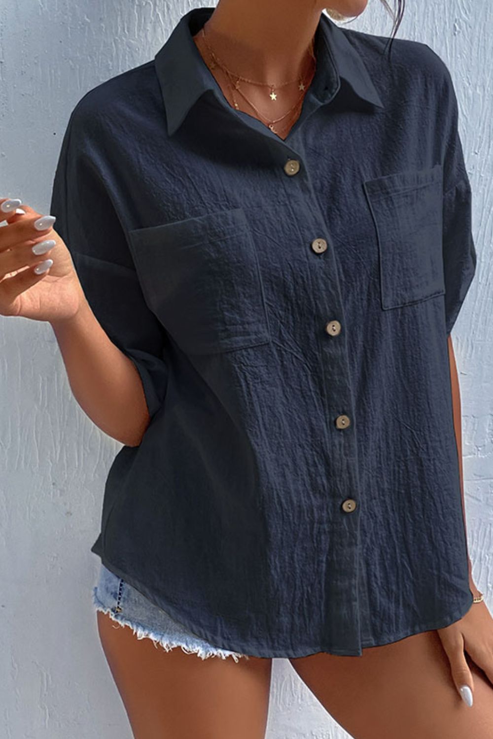 Women's Roll-Tab Sleeve Pocketed Shirt Navy