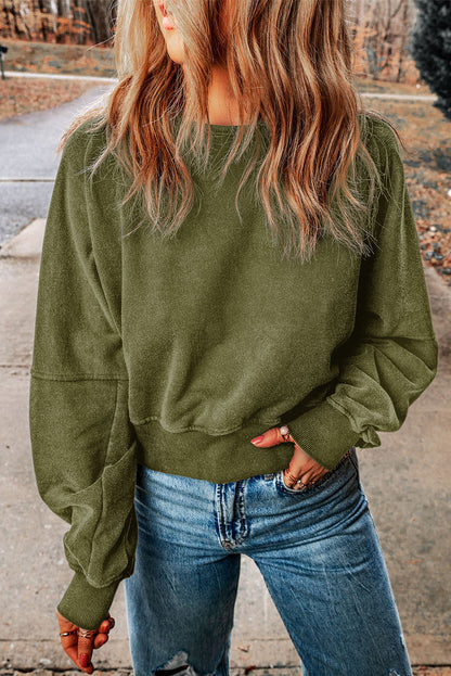 Women's Round Neck Open Back Sweatshirt with Lace Trim Matcha Green