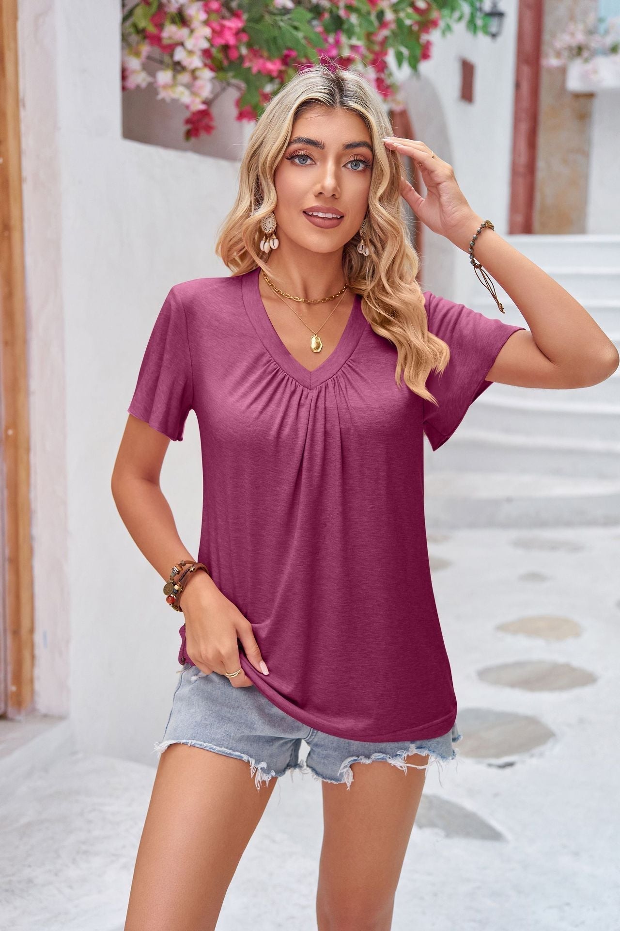 Women's Ruched V-Neck Short Sleeve Tee