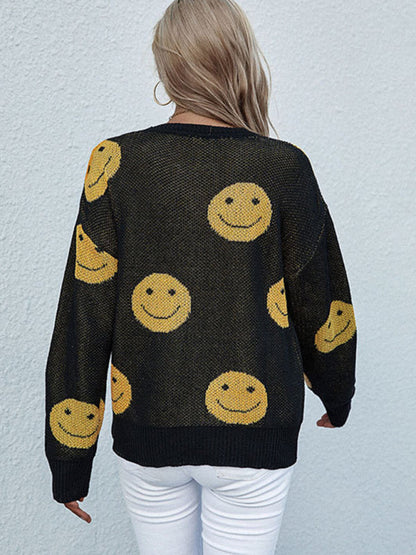 Women's Smiley Long Sleeve Black Sweater