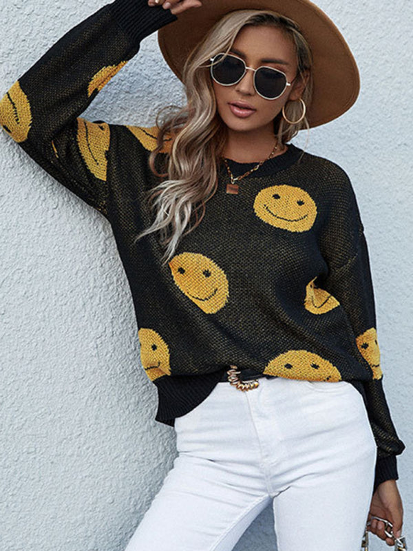 Women's Smiley Long Sleeve Black Sweater Black