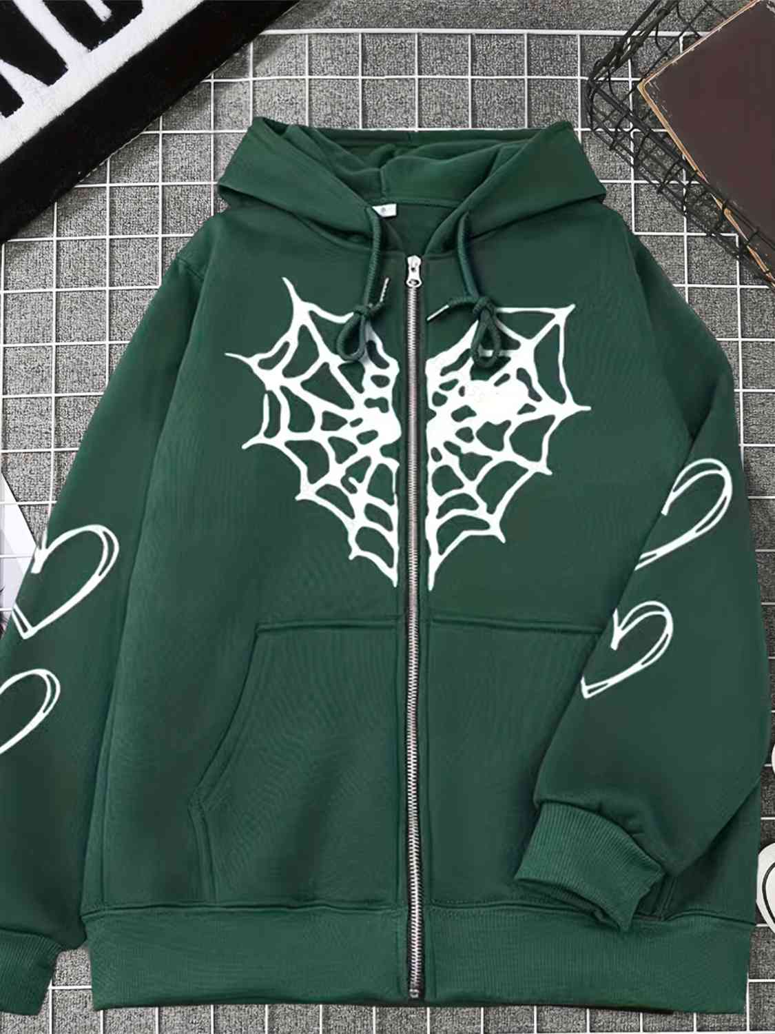 Women's Spiderweb Graphic Drawstring Zip-Up Hooded Jacket Green