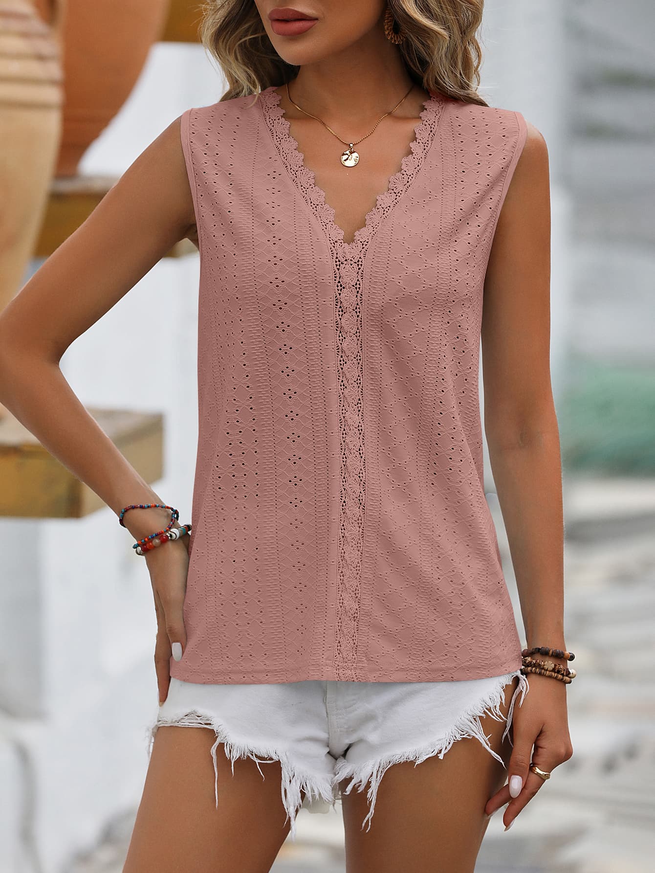 Women's Spliced Lace V-Neck Sleeveless Tank Light Mauve