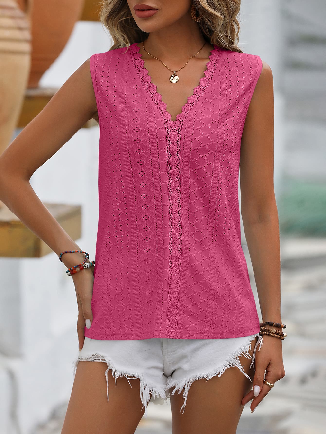 Women's Spliced Lace V-Neck Sleeveless Tank Deep Rose