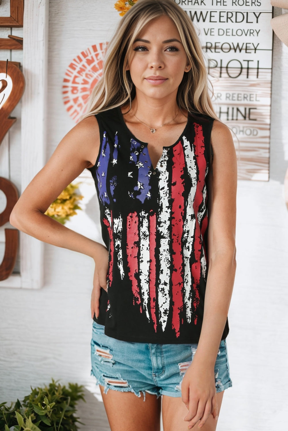 Women's Star and Stripe Notched Neck Tank Black