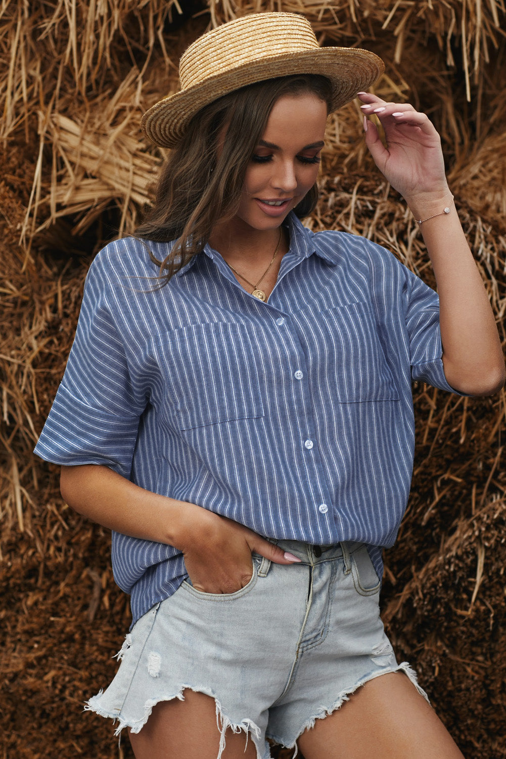 Women's Striped Button-Up Short Sleeve Shirt