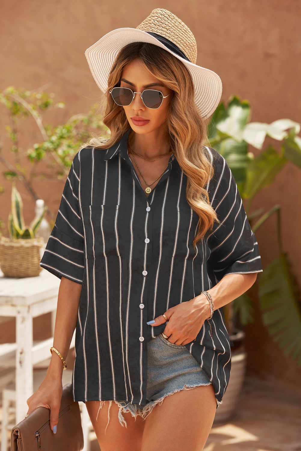 Women's Striped Collared Short Sleeve Shirt Black