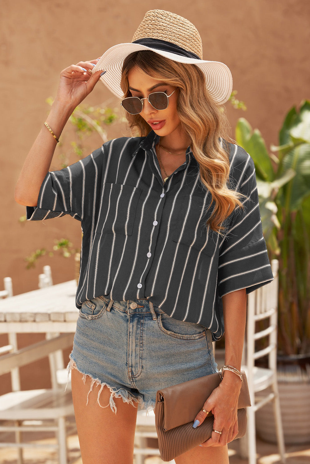 Women's Striped Collared Short Sleeve Shirt