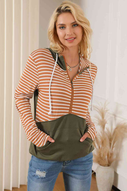 Women's Striped Color Block Drawstring Hoodie Stripe