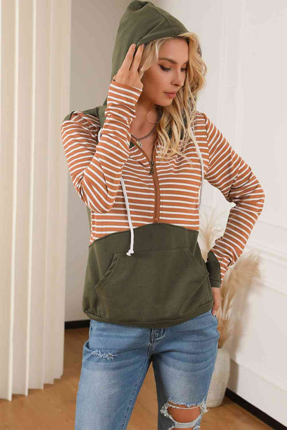 Women's Striped Color Block Drawstring Hoodie